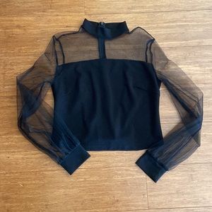 Crop top with sheer sleeves, black stretch knit